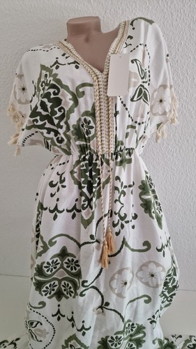 Sommerkleid Strandkleid Bohokleid lang Gr.44 Made in Italy Olive Weiß Kurzarm - Bild 2 von 3