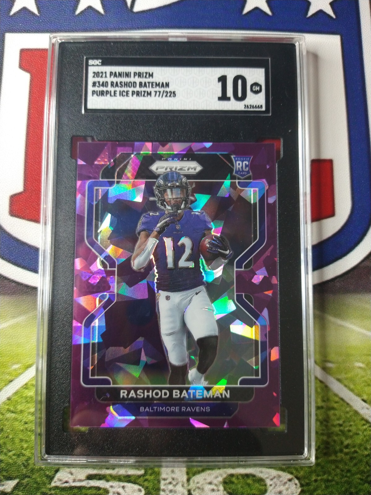 2021 Panini Prizm Rashod Bateman #/225 Purple Cracked ICE Color Match RC SGC 10