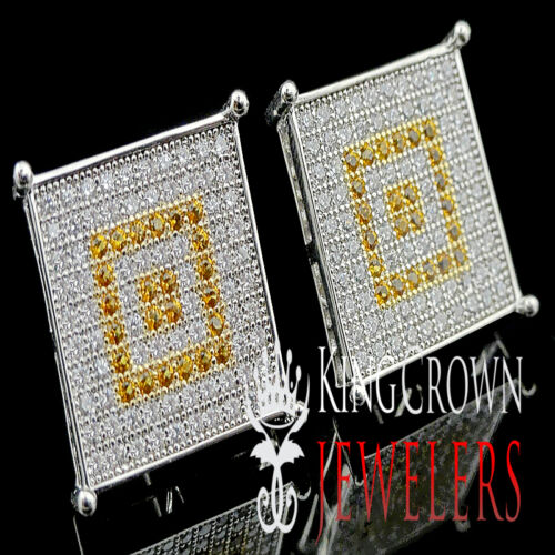 GOLD FINISH MENS LADIES SQUARE STYLE EARRING STUD MICRO PAVE 15 MM SCREW BACK - Picture 1 of 7