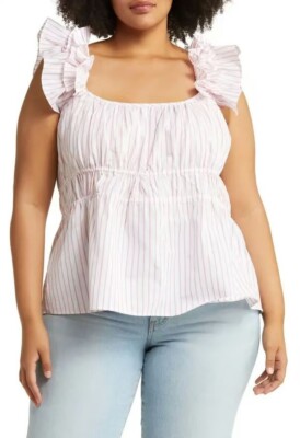 Harshman Alize Striped Ruffle Trim Peplum Linen Blouse Top 3X White & Pink $225
