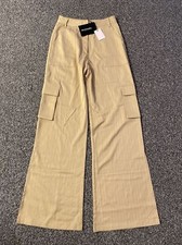 PrettyLittleThing Stone Pinstripe Trousers Ladies Size 10 Wide Leg PLT Cb20