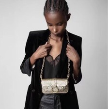 Zadig Voltaire Women's Gold Pleated Cowhide Shoulder Bag Mobile Phone Bag