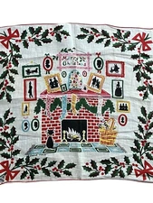 Vintage Carl Tait Merry Christmas Handkerchief Fireplace Stockings Cat Herrmann