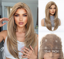 Blonde Brown Mix Large Lace Front Part Straight Layered Cut Synthetic Hair Wigs