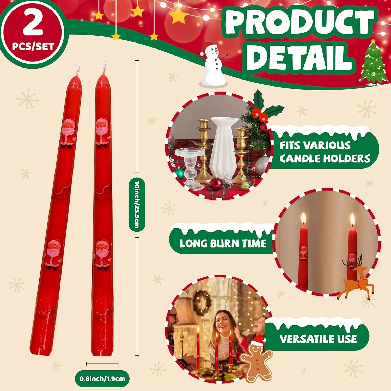 2 Pack Christmas Taper Candles, 10 Inch Unscented Candlesticks with Santa - product detail image 3