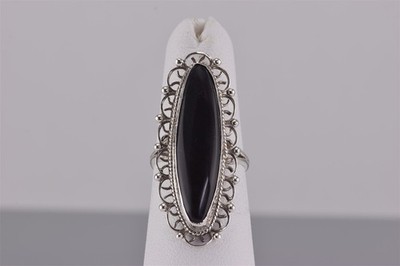 Sterling Silber 35 mm Perlen Schleife Einfassung Schwarz Onyx Statement Band Ring 925 Gr: 5