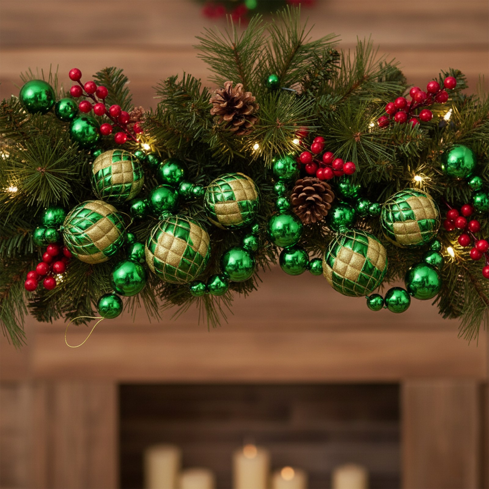 Northlight 6' Oversized Shiny Green Christmas Ball Garland Gold Glitter Accent