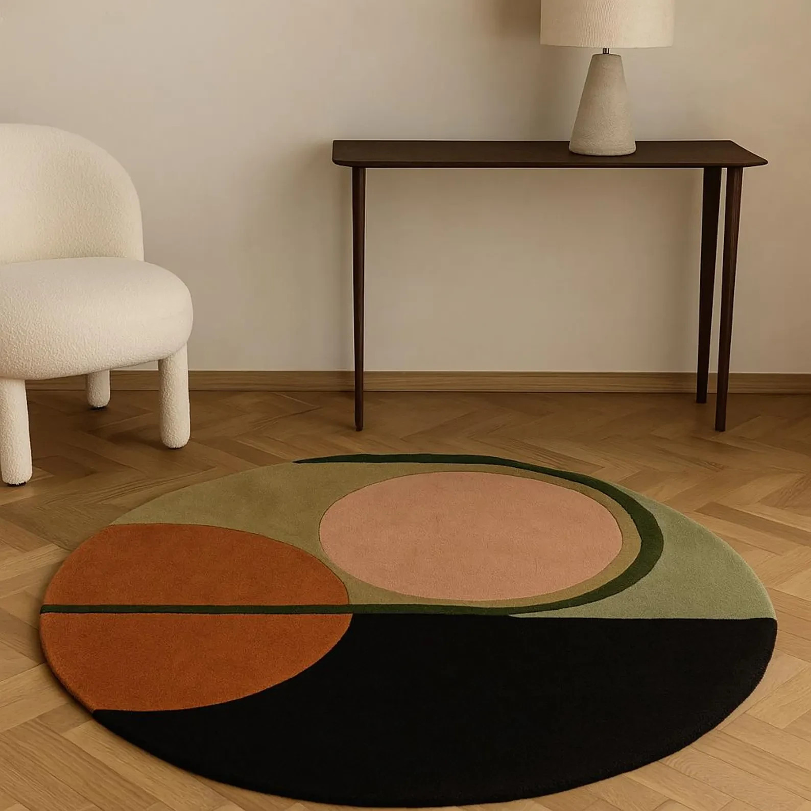 Hand Tufted Round Wool Rug: Modern Geometric Design