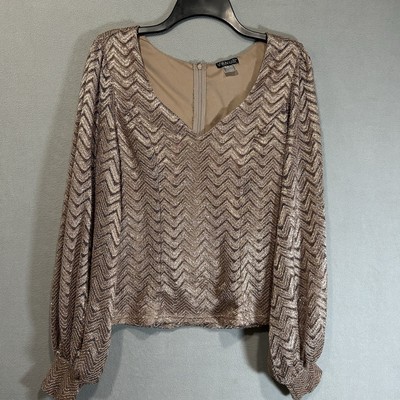 Brown Lace Evening Top Womens Size 10 Long Puff Sleeves Night Out Party Tan
