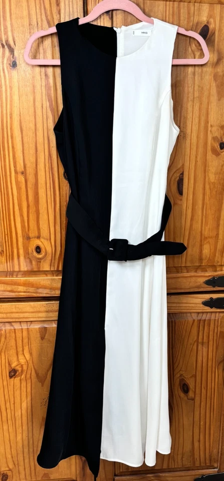 Vestido cinturón midi bicolor negro/blanco Mango para mujer talla mediana Foto 2 de 4
