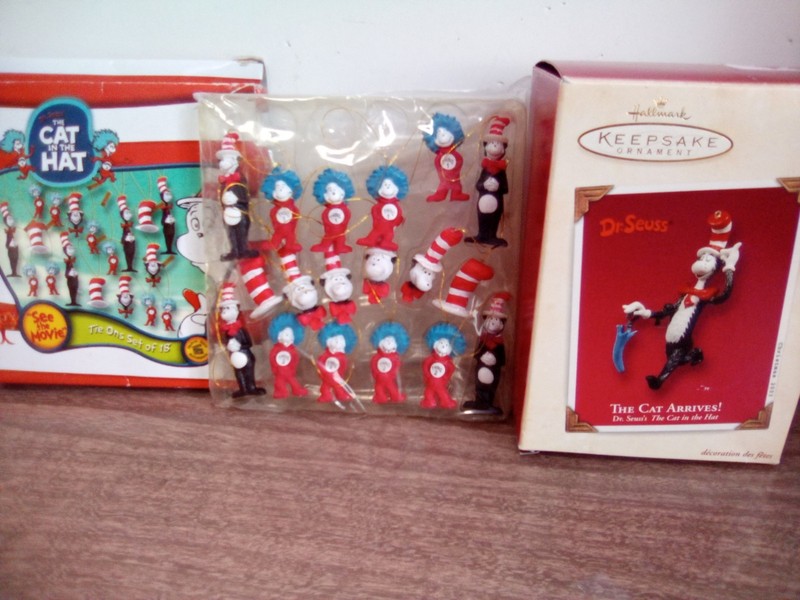 2 Cat in the Hat Ornament Lot Hallmark Cat Arrives & Universal Minis Seuss