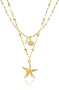 Authentic Zeffy Shell Necklace for Women,14K Gold Plated Layered Starfish Conch SeaShell P