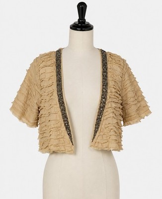 Vtg Phard Gold Beige Lace Ruffle Beaded Silk Bolero Shrug XL Y2K Boho