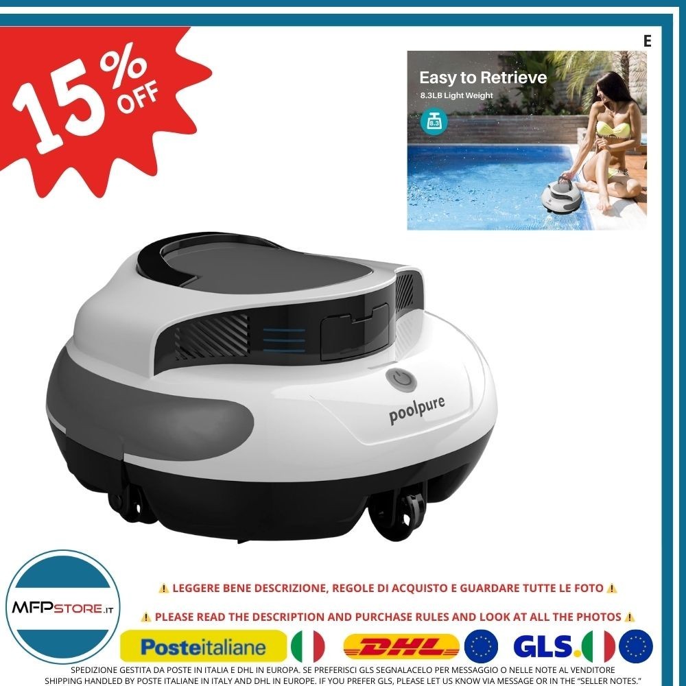 POOLPURE Robot Piscina Senza Fili con Batteria 5000mAh e LED, 90 m² - MAI USATO