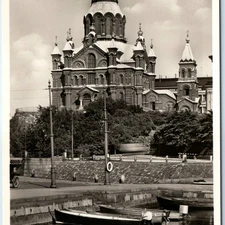 c1930s Helsinki, Finland RPPC Uspenski Orthodox Cathedral Harbor Boats A361