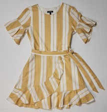 Express Women yellow white striped wrap sundress ruffled hem tie front Size XS