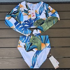 CALIA Women Botanical Rouched Rash Guard Wide Band High Rise Bikini Sz XS New
