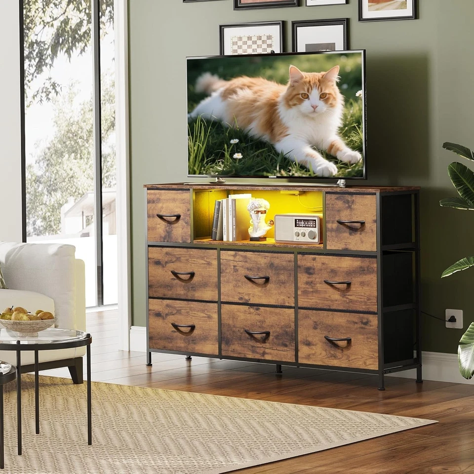 Soporte TV de 55 pulgadas con luces LED y almacenamiento marrón rústico Foto 4 de 4