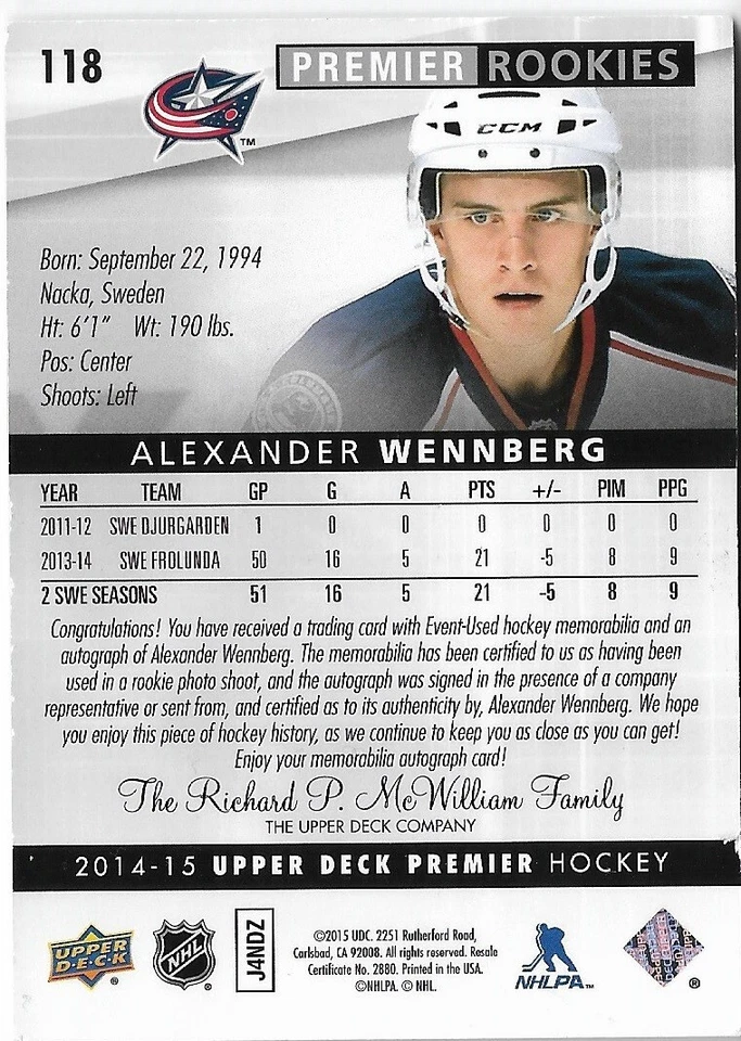 Alexander Wennberg RPA RC 2014-15 Upper Deck Premier Card #118 177/299 Sharks - Image 2 of 2