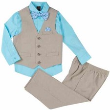 Dockers Boys 4pc Blue  Tan Dress Up Outfit Shirt, Bow Tie, Vest  Pants