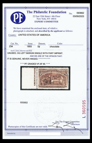 US #234; 5¢ COLUMBIAN, VF/XF-OG-MNH, 2005 & 2023 PF GRADED (85) Certs, SMQ $300 - Picture 4 of 4