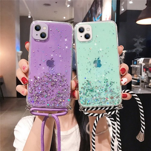 For iPhone 14 13 12 Pro Max 11 XS XR 8+ Glitter Lanyard Silicone Soft Case Cover