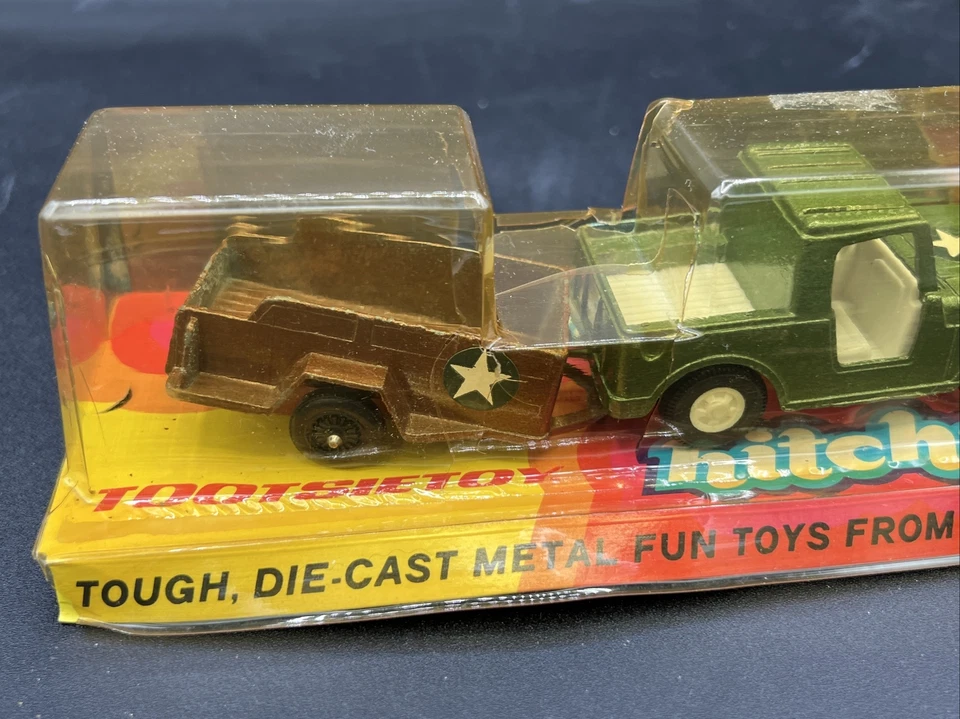 1974 年 Tootsie 玩具 HITCH UPS 军用 JEEP & Trailer tootsietoy 破损盖 — 第 3/4 张图片