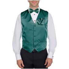 Men's Solid Teal Satin Tuxedo Vest Bow Tie  Hanky Set for Formals Weddings