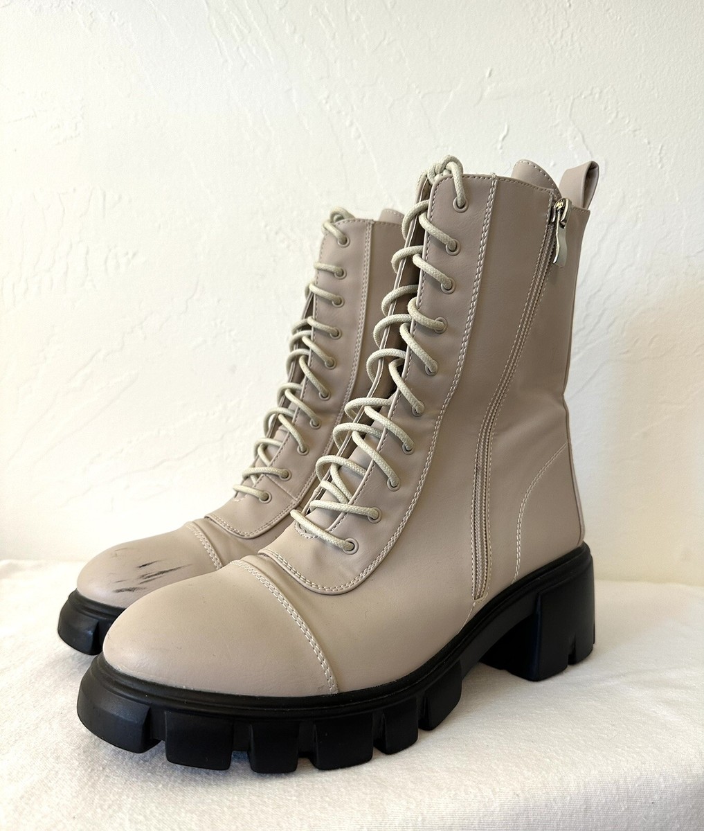 Nasty Gal Platform Combat Boots Beige Faux Leather Lace Up Zippers Size