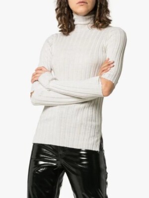 Helmut Lang Women’s Sweater XS Ivory Lightweight Cutout Ribbed Wool  Turtleneck