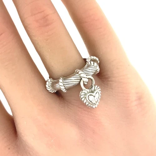 Judith Ripka Vintage CZ, Sterling Silver Dangle Heart Charm Ring Sz. 7