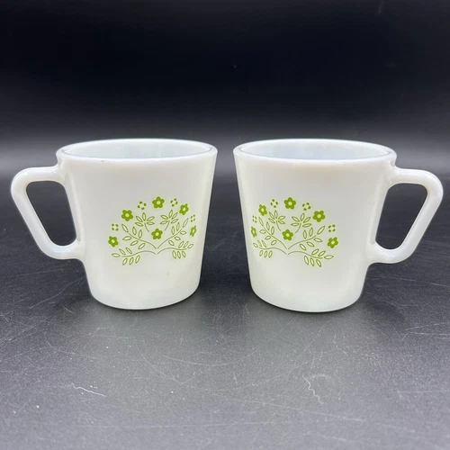 Vintage Pyrex Spring Blossom Green Mugs Large Flowers Set of 2 Milk Glass USA
