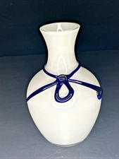 Murano Style White Vase With Colbolt Blue Glass Wrapped  Art Design Vase