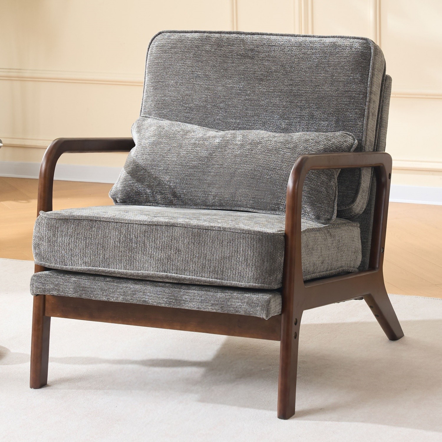 W/ Solid Wood Frame Fabric Upholstered Armchair