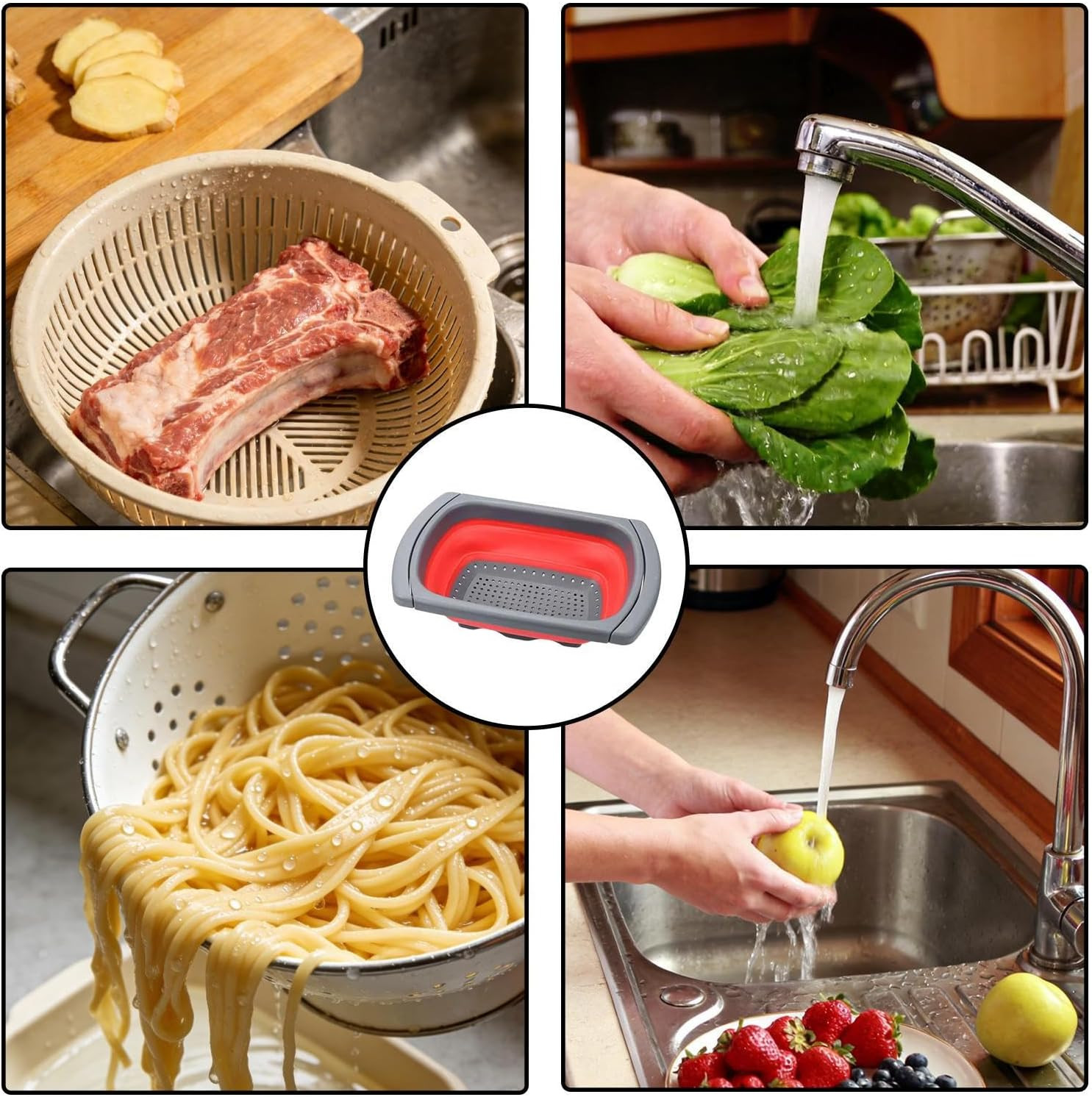 Passoire de cuisine rectangulaire rétractable pour libérer vos mains lors du rinçage