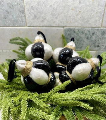 4 Black & White Capiz Shell & Gold Glitter Finial Christmas Ornaments 5” Tall