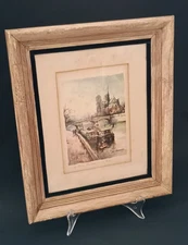 Vintage Lucien Delarue Framed Watercolor Print Notre Dame Paris 1950s-70s