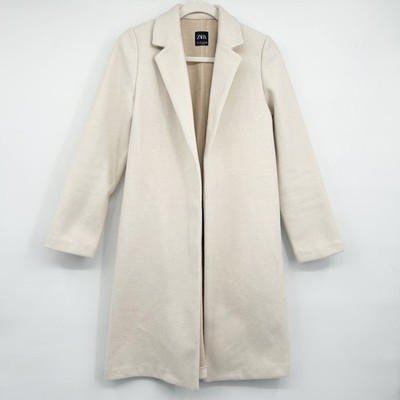 Zara Womens Cream Minimalist Clean Girl Open Front Longline Overcoat Size S