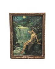 Vintage 1930s Art Nouveau Print Indian Maiden Near Waterfall Framed F R Harper