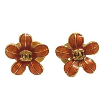 Chanel Earrings Flower 03p Coco Mark Gold Color Orange Accessories Used 6350a983