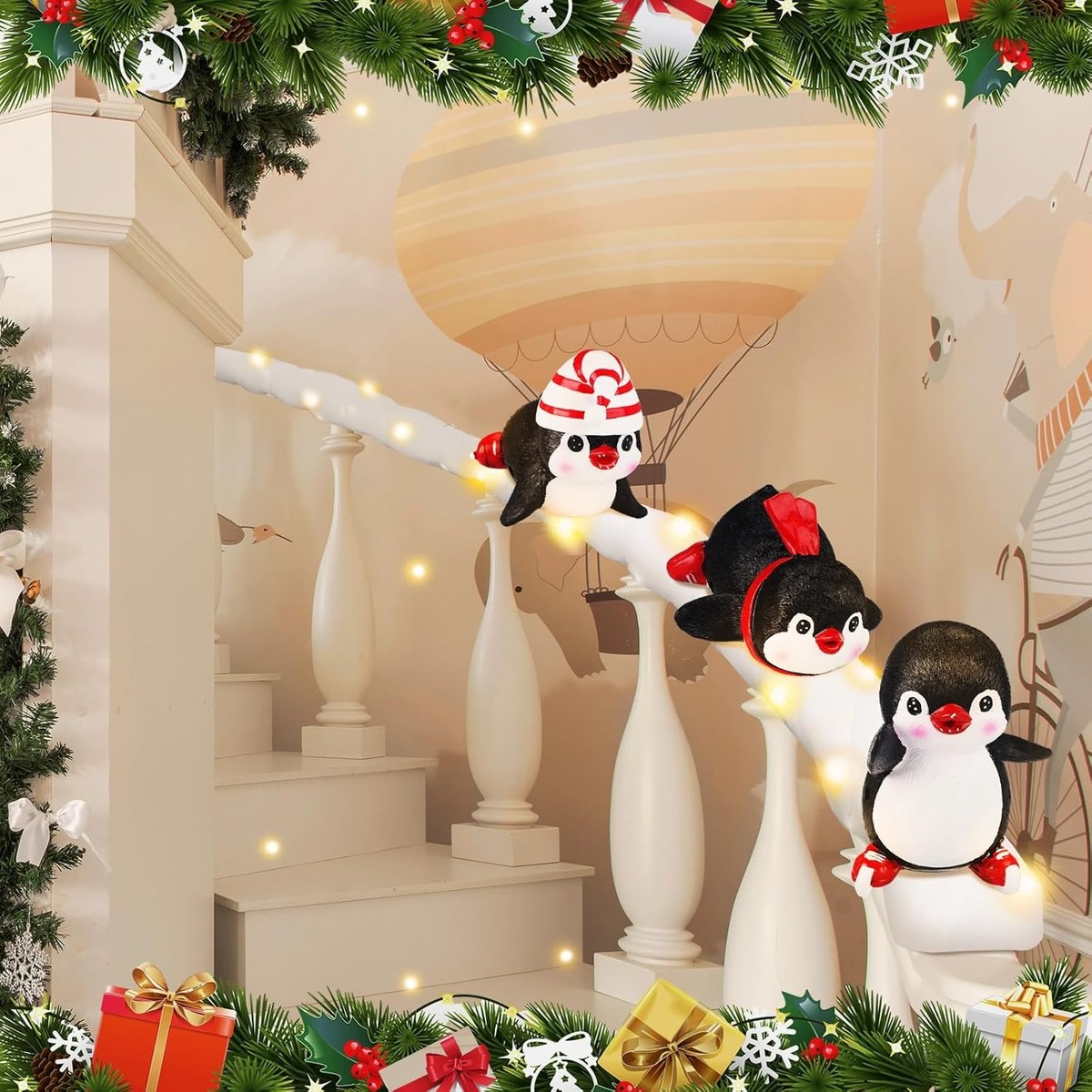 Décorations Noël En Peluche Pour Escalier - Set Pingouin, Père Noël, Bonhomme De Neige - Neige Artificielle Incluse - 13