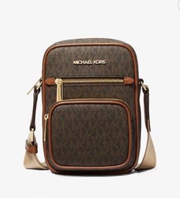 Michael Kors Jet Set Medium Pocket Crossbody Bag Brown Logo Handbag Purse New