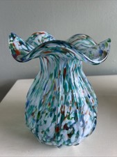 Murano-Style Hand Blown Art Glass Vase Multi Ruffle-Top Confetti Speckled
