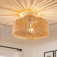 Boho Rattan Ceiling Light - Flush Mount Mini Chandelier Woven Light Fixture f...