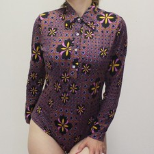 Vintage 70s Graphic Butterfly Collar Bodysuit Leotard Funky Pinwheel Purple