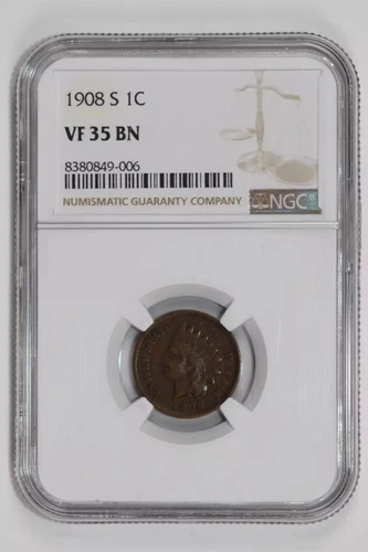 1908-S INDIAN HEAD CENT NGC VF35 BN