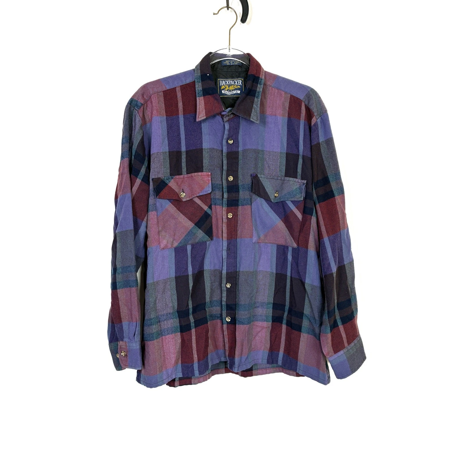 Backpacker Outdoors VTG Flannel Button Up Shirt Purple Red Plaid Men L 16-16 1/2