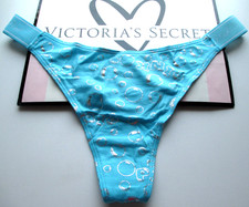 VICTORIA'S SECRET PINK Cotton Logo High Leg Thong Panty VS Blue Bubbles S SMALL