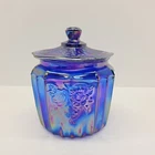 Miles Kimball Mayfair Rose Depression Glass Biscuit Jar Iridescent Blue