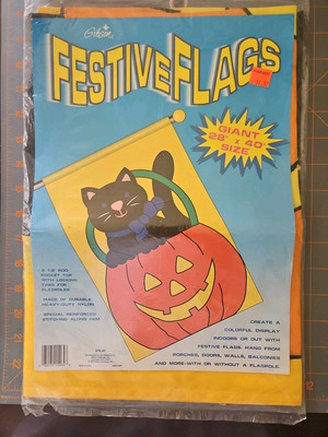 NEW Vtg Gibson Nylon Yard Pole Flag 28x40 Halloween Black Cat Pumpkin Durable 